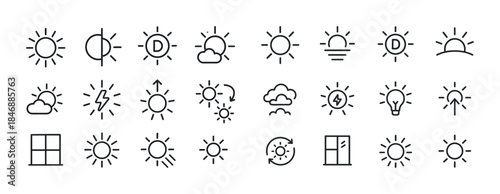 Weather and solar energy icons set: sun, clouds, lightbulb, wind
