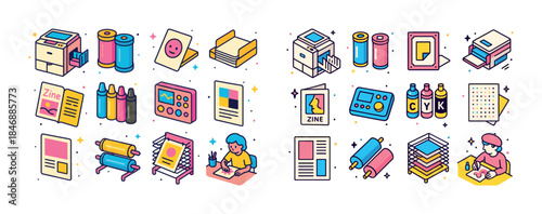 Colorful printing process with ink, books, printers, and charact