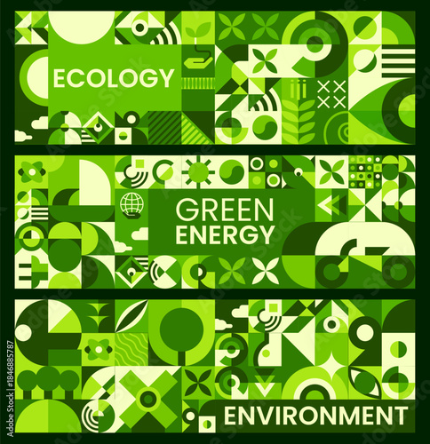 Environment and ecology banners with geometric nature Bauhaus patterns. Save environment and nature vector banner, planet Earth ecology posters. Green energy flyers with Bauhaus geometric pattern