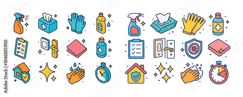 Colorful sanitization and cleaning icons featuring gloves sprays