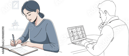 Minimalist Line Art of People Working Remotely