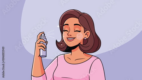 A woman applying mist to her face for a refreshed glow against a soft purple backdrop a visual representation of personal care and beauty routines