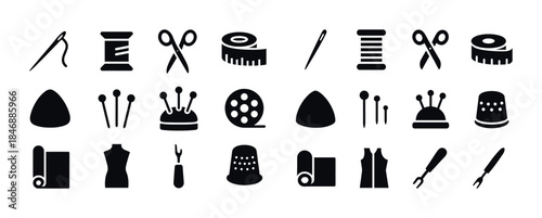 Seamstress tools icons set: sewing needle, thread, scissors, tap