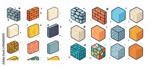 Colorful variety of isometric brick and patterned block illustra