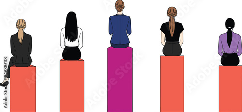 Businesswomen sitting on podiums rear view illustration, career hierarchy diversity concept, leadership teamwork, modern flat corporate design for business branding