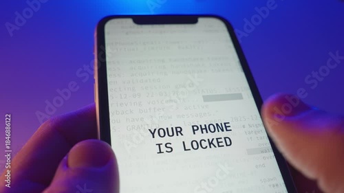 Phone message by hacker group requesting ransom to enable access to device. Person holding smart phone is blocked and denied control of personal mobile device by cyber spy ransomware or malware