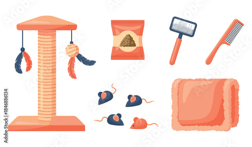 Cat accessories set: scratching post, toys, food, grooming tools, blanket