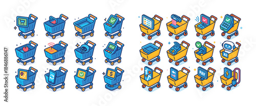 Colorful shopping cart icons with technology and retail elements