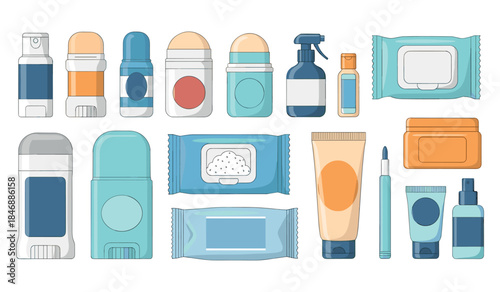 Assorted personal care and hygiene products set on white background