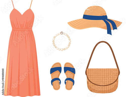 Summer fashion set with pink dress, straw hat, sandals, bag, and bracelet