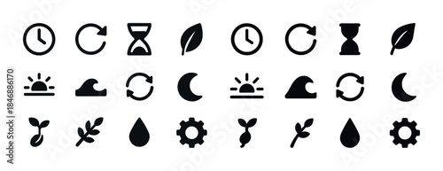 Eco-friendly icons collection featuring time, nature, and growth