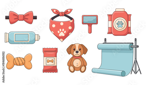 Cute pet accessories collection with toys, treats, and grooming items