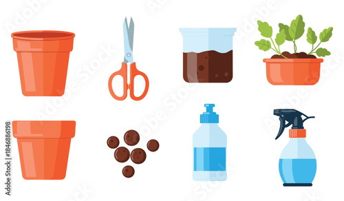 Gardening tools and supplies: pots, scissors, soil, seedlings, sprayer, and planting materials