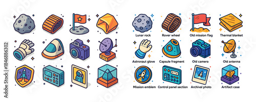 Space exploration icons: lunar rock, rover wheel, astronaut equi