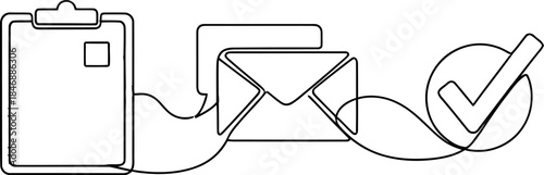 Continuous line drawing showing a clipboard, mail envelope, and check mark icon representing process flow