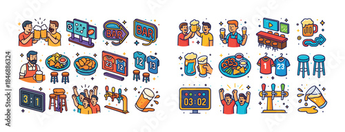 Sports bar icons: friends, drinks, food, games, fun