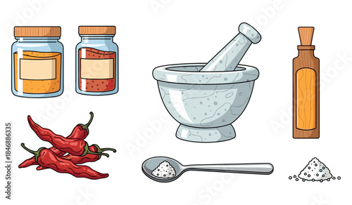 Spice ingredients and tools: mortar, spices, chili peppers, olive oil, salt