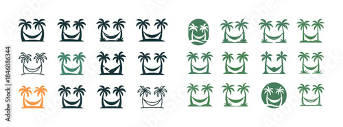 Variety of palm tree and hammock icon designs in different color