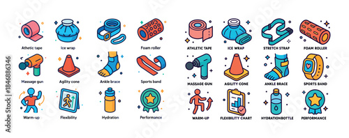 Colorful athletic equipment icons for fitness and sports trainin