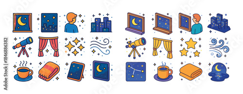Nighttime icons: windows, telescopes, stars, coffee, cozy elemen