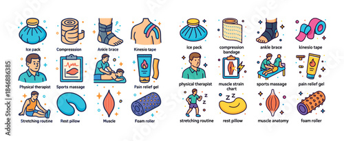 Physical therapy icons: treatments, tools, and techniques illust