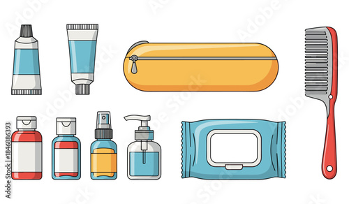 Cartoon toiletry set with toothpaste, bottles, and comb on white background