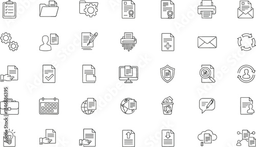 Document and workflow icon set featuring office tools, digital files, cloud storage, security, and communication symbols in line style