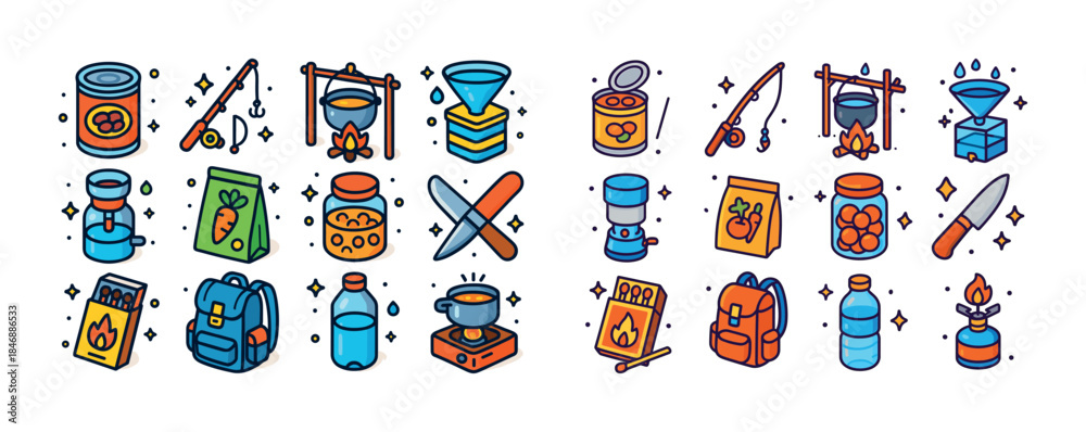 Fototapeta premium Colorful camp gear and food icons for outdoor adventures