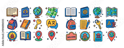 Colorful travel icons collection featuring maps, passports, and