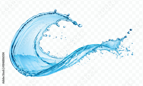 dynamic smooth liquid fresh water splash with drops in mid air cut out and curve style isolated on white background