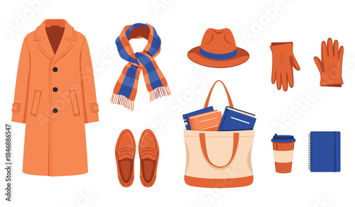 Women's autumn fashion collection: coat, scarf, hat, gloves, shoes, bag, notebooks, coffee