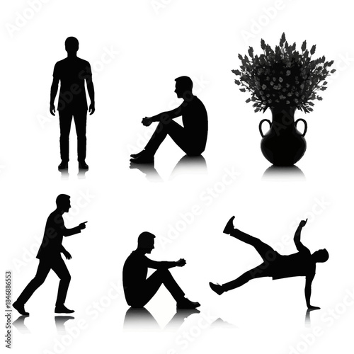 Silhouettes of People in Various Poses and a Vase of Flowers.