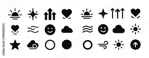 Minimalist black weather and emotion icons set on white backgrou