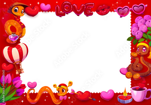 Valentine's day greeting card or flyer frame. Saint Valentine party vector flyer, romantic holiday day poster or banner with cute asian snakes characters, hot air balloon, flowers bouquet and coffee