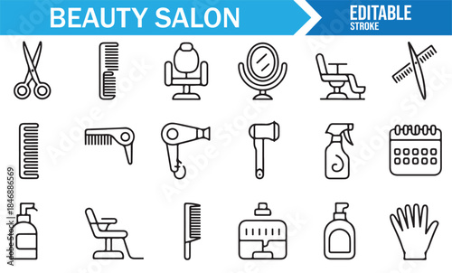 Hair salon and barber shop equipment icon set