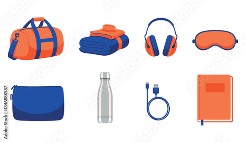 Collection of travel essentials including headphones, water bottle, and sleep mask