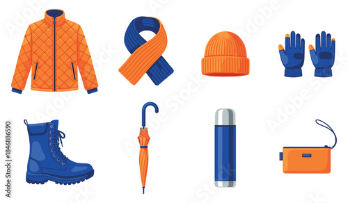 Winter clothing and accessories: jacket, scarf, hat, gloves, boots, umbrella, thermos, bag