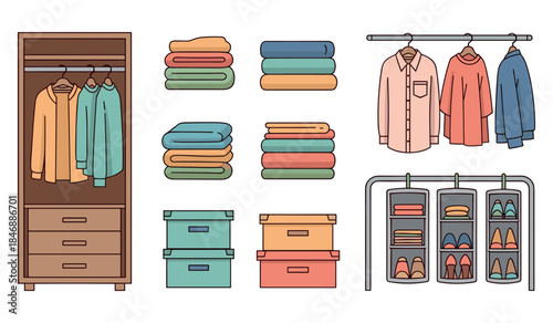 Organized closet with clothes, shoes, boxes, and colorful folded linens