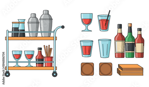 Bar cart and drinkware collection with glasses, bottles, and coasters