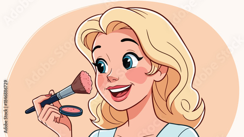 Blonde cartoon woman joyfully applying facial blush with a brush on a simple light background creating a cheerful beauty illustration