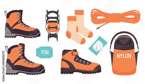 Outdoor hiking gear set with boots, rope, and accessories