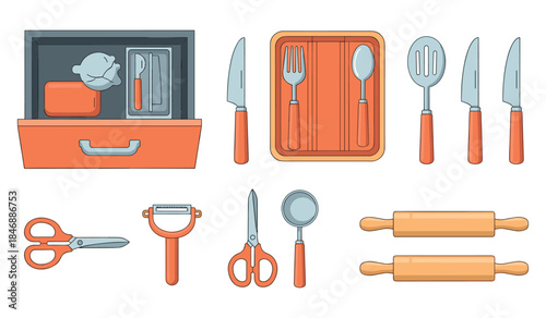 Kitchen utensils set: knives, rolling pins, scissors, peeler, cutlery