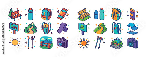 Colorful hiking icons featuring backpack, nature trail, water bo