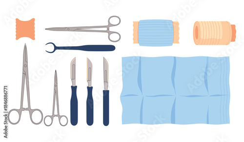 Surgical instruments set with scissors, scalpel, forceps, gauze, and needle holder