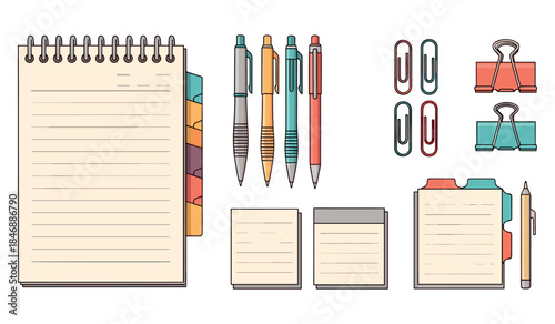 Assorted stationery collection with notepad, pens, clips, and folders