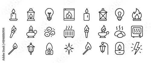 Collection of hand-drawn fire and light icon set