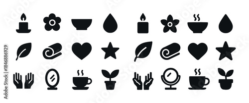 Spa and wellness icons: candle, flower, leaf, heart, cup, plant,