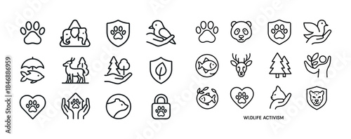 Wildlife conservation icons set featuring animals, trees, and en