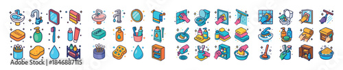 Colorful isometric icons of bathroom and hygiene items
