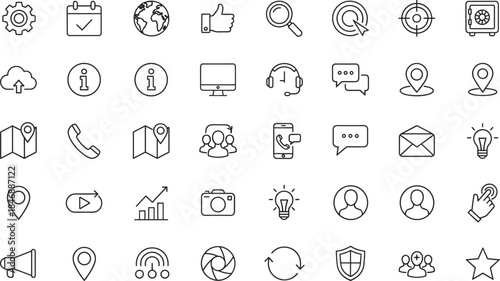 Essential UI icon set for web, app, and software design featuring communication, navigation, media, and productivity symbols in line style